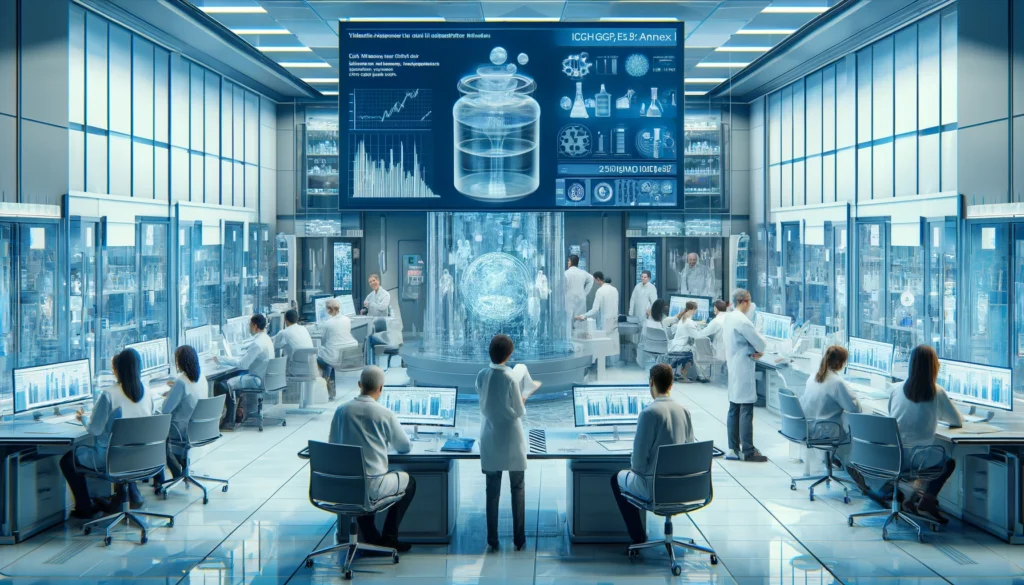 Hyperrealistic clinical research setting with ICH-GCP E6R3 Annex I module details on screen.
